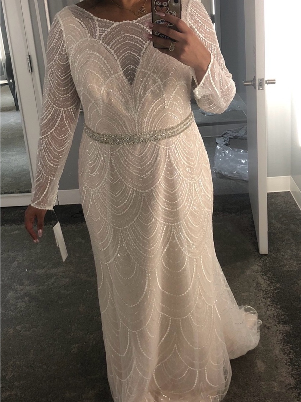 Ivory Beaded Long-Sleeve wedding or Evening Dress with Waist Accent